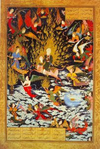 This manuscript from the British library, titled "The ascent of Muhammad to heaven", comes from Khamseh of Nizami. it is ascribed to Sultan Muhammad.