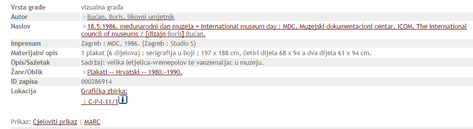 Example record from Croatian National Llibrary
