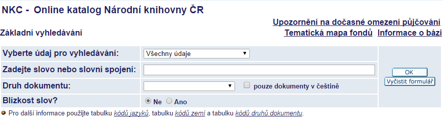 Screen shot of Czech National Library interface