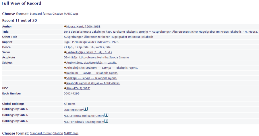 Screenshot of catalog record from Latvian National Library