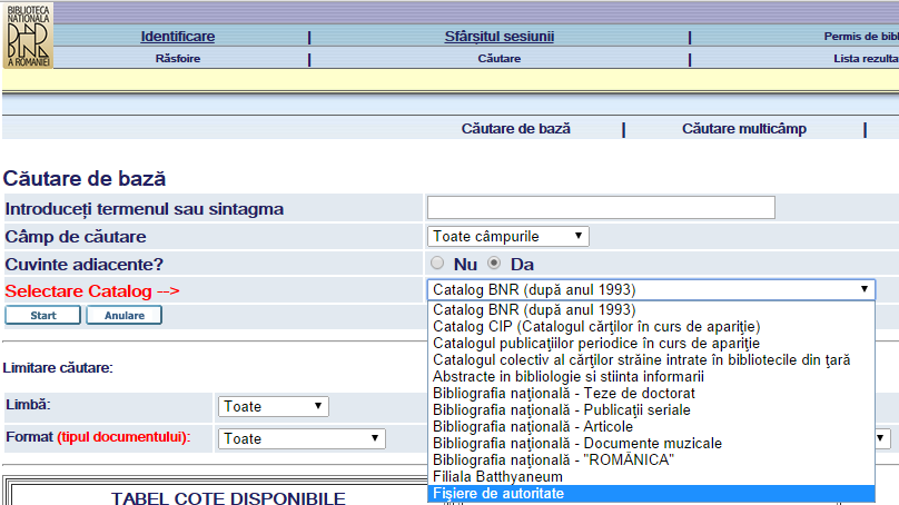 Screenshot of the catalog options from the Romanian National Library