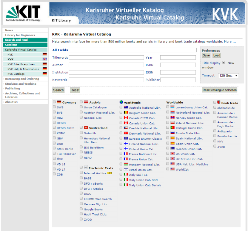 Screenshot of Karlsruhe Catalog search interface