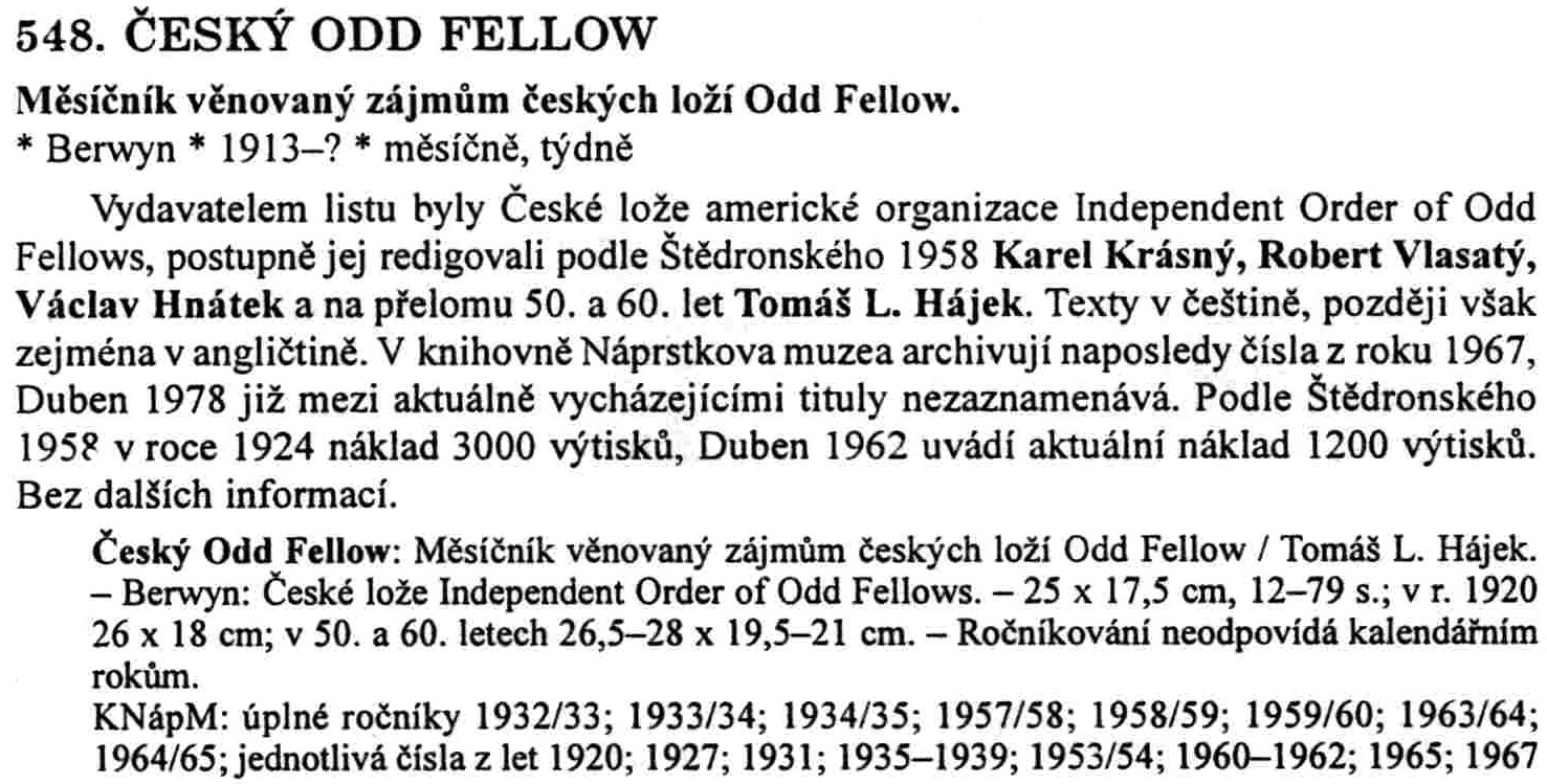 Entry for the Czech journal "Cesky Odd Fellow"