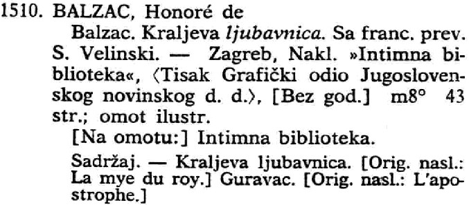 Entry for a Croatian translation of Balzac