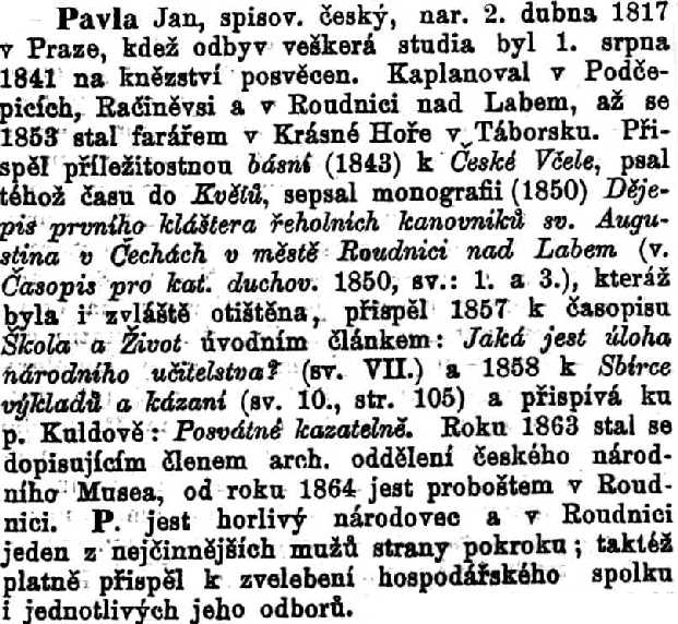 Entry on the 19th-Century Czech writer, Jan Pavla