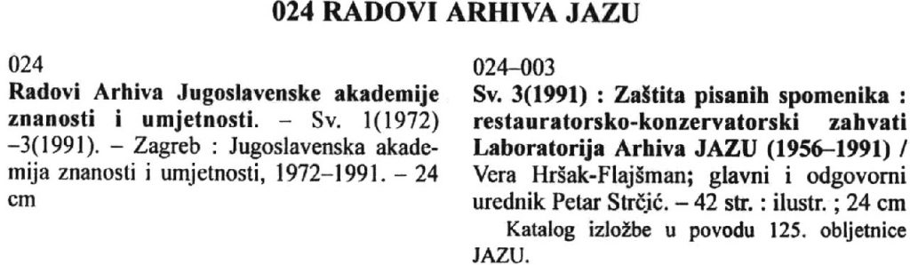 entry for Radovi Arhiva Jugoslavenske akademije znanosti i umjetnosti
