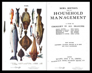 Screenshot showing two-page spread. Left page includes illustrations of various fish. Right page includes title page.