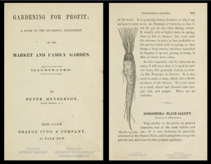 Screenshot combining the aged title page of Henderson's Gardening for Profit on left and, on right, a page containing text on salsify accompanied by a drawing of the root vegetable.