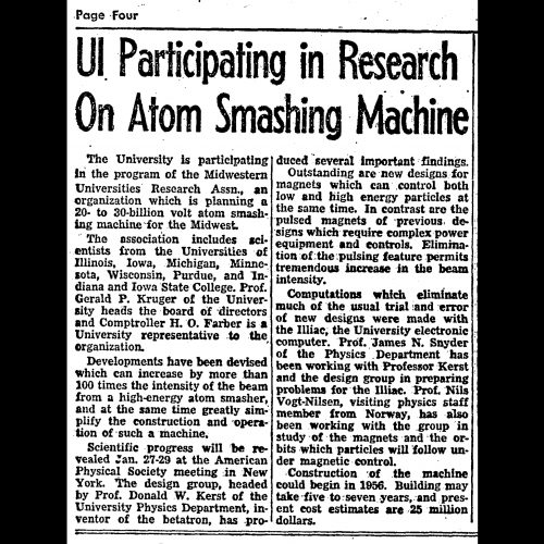 Daily Illini Article on “Atom Smashing Machine”, the design of which used Illiac’s computational power