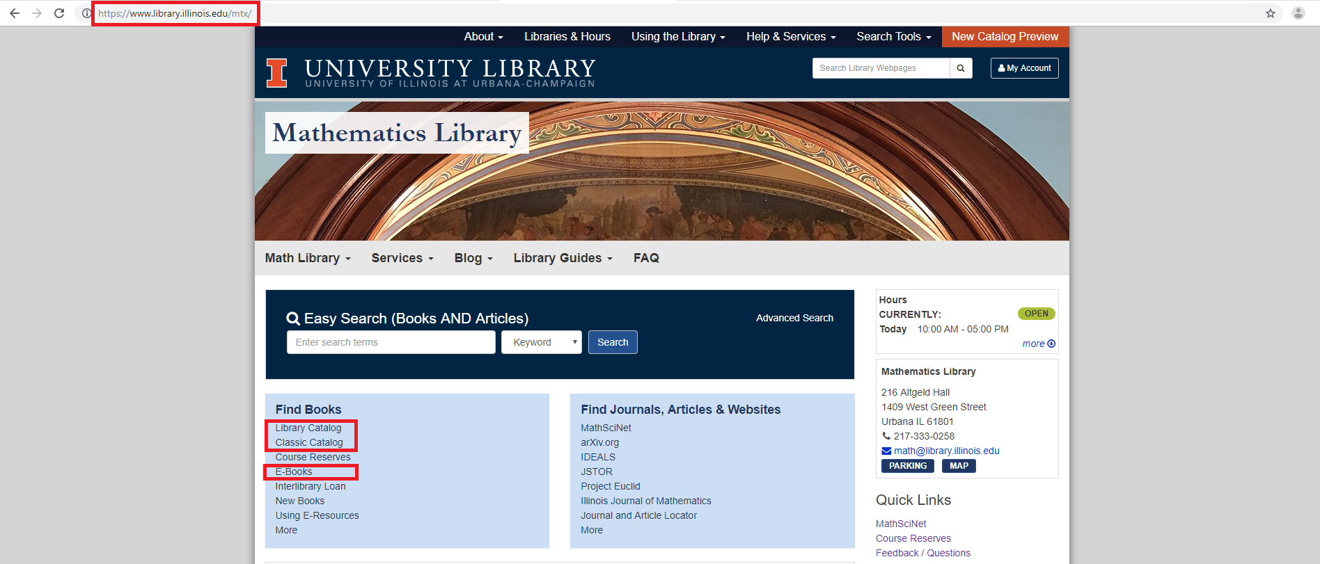 Red rectangles highlight the URL for the Mathematics Website and links to the Library Catalog, Classic Catalog, and the E-Books page.