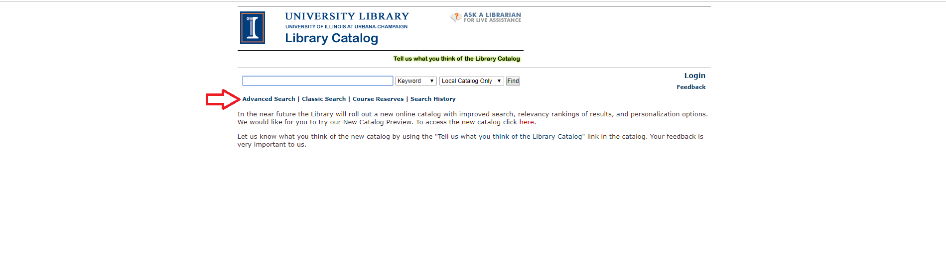 A red arrow points to the Advanced Search option on the Library Catalog homepage