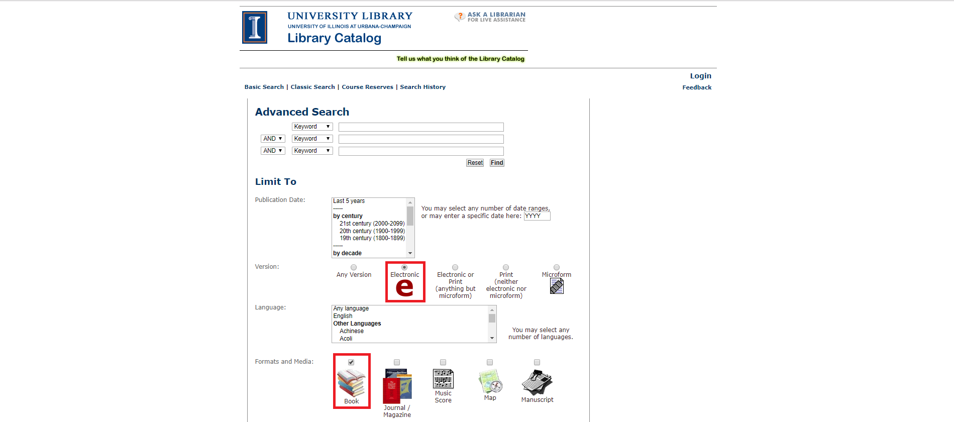 Red rectangles highlight the Electronic and Book options on the Advanced Search page of the Library Catalog