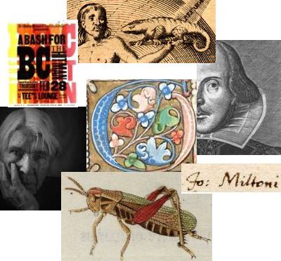 Collage:  Amos Kennedy, Carl Sandburg, William Shakespeare, John Milton and map images.
