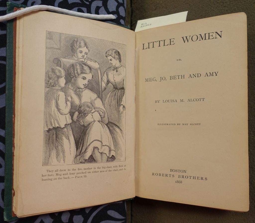 A spread of the title page and frontispiece of "Little Women"