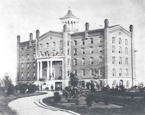 The first university building known as "The Elephant" by students, circa 1870