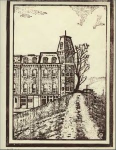 The Dockers Riverside Hotel woodblock print card
