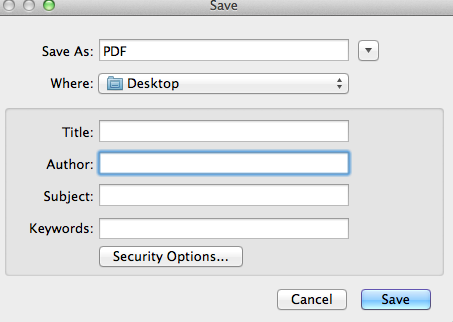 Save as: pdf. Where: desktop. Title. Author. Subject. Keywords. Security options... Cancel. Save.