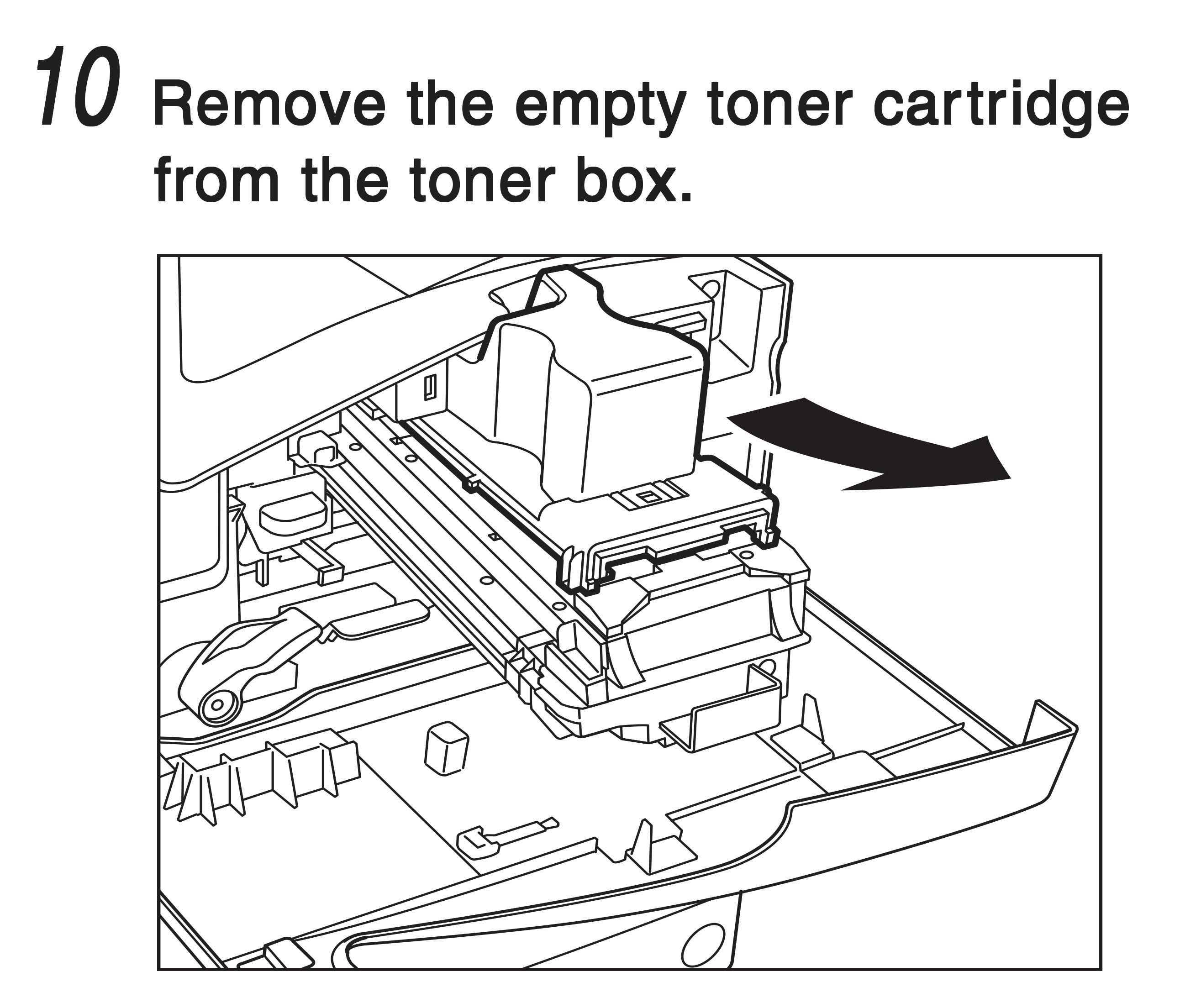 10. Remove the empty toner cartridge from the toner box.