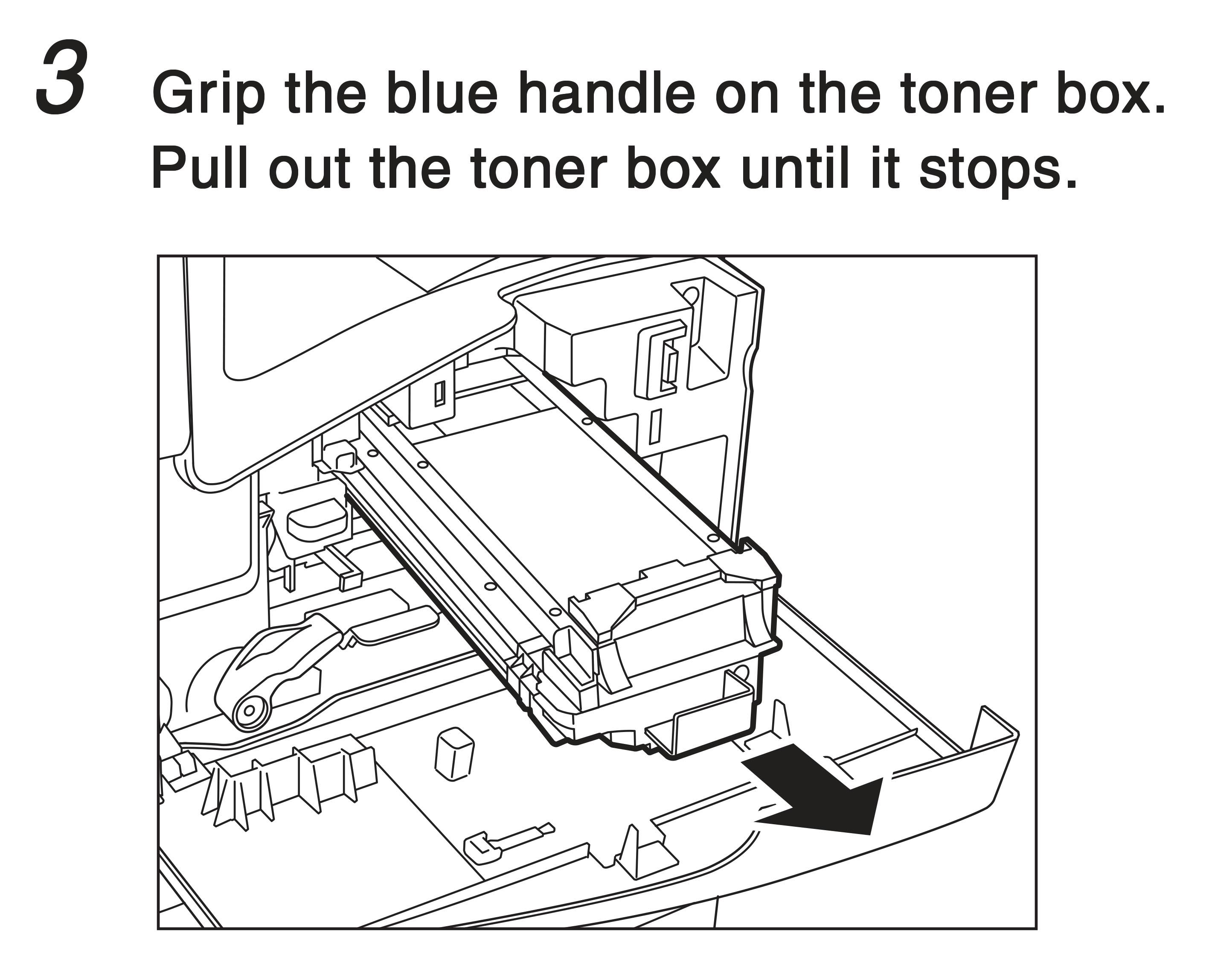 3. Grip the blue handle on the toner box. Pull out the toner box until it stops.
