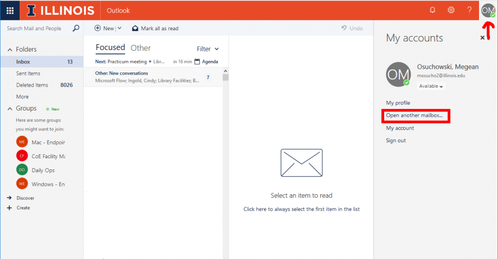 screenshot of Outlook Online pointing out where to click