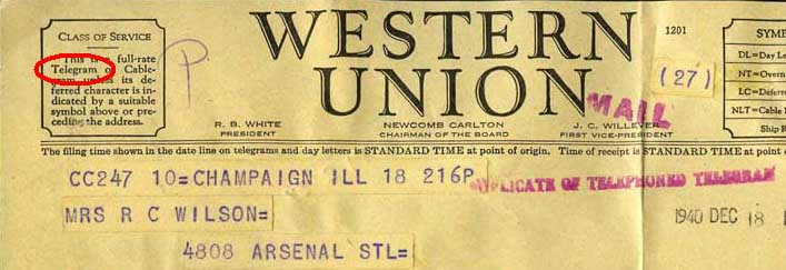 1940 Western Union telegram