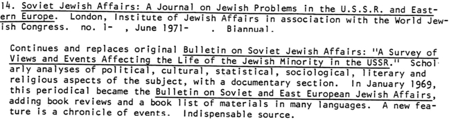 sample entry for Jews in the Soviet Union: an annotated bibliography