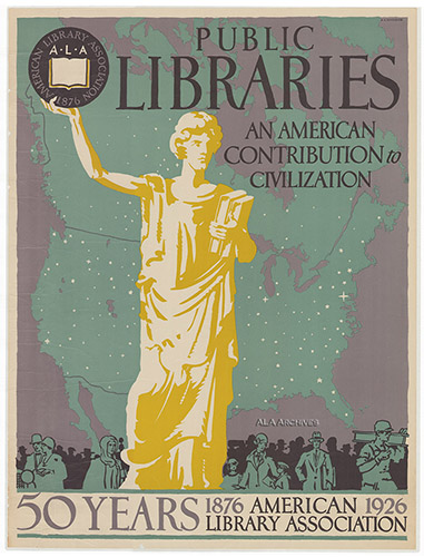 A woman in classical robes holds books under one arm while holding aloft the ALA seal, superimposed over a map of the United States.