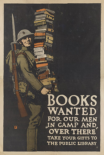 A WWI soldier holding a stack of books with the caption "Books Wanted!"