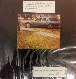 An Image of a Station Wagon in a Driveway and a Thank You Note Signed with a Hand-Drawn Paw Print.