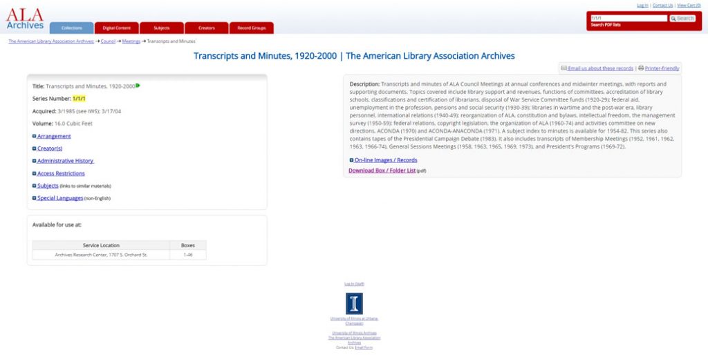 A List of ALA Archives Record Series Database Record