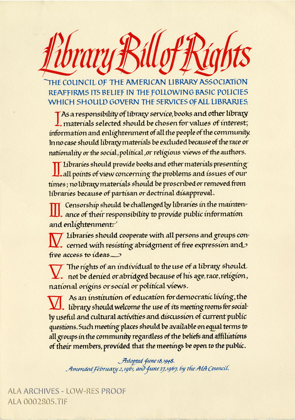A poster of the Library Bill of Rights as amended by the ALA Council in 1967.