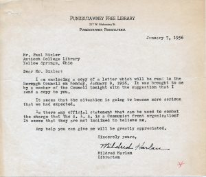 Letter from Mildred Harlan to Paul Bixler.