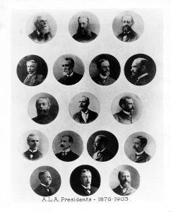 Seventeen circular portraits of ALA presidents.