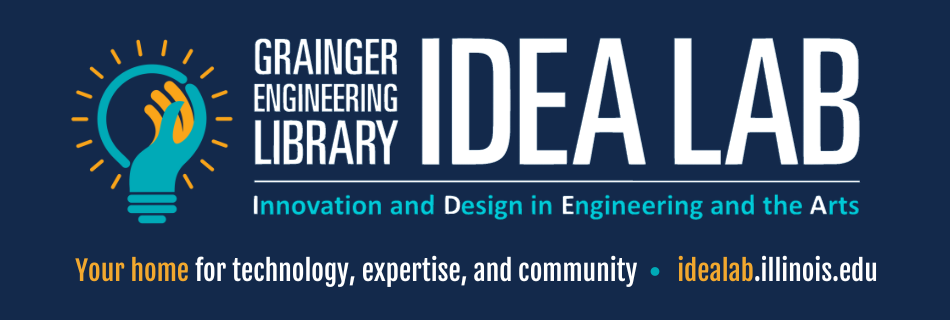 Lightbulb with hand icon. Text: Grainger Engineering Library. IDEA Lab. Innovation and Design in Engineering & the Arts.