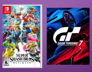 Disk copies of Super Smash Brothers Ultimate and Gran Turismo 7