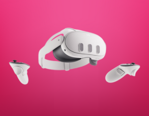 A meta quest headset with two handheld controllers