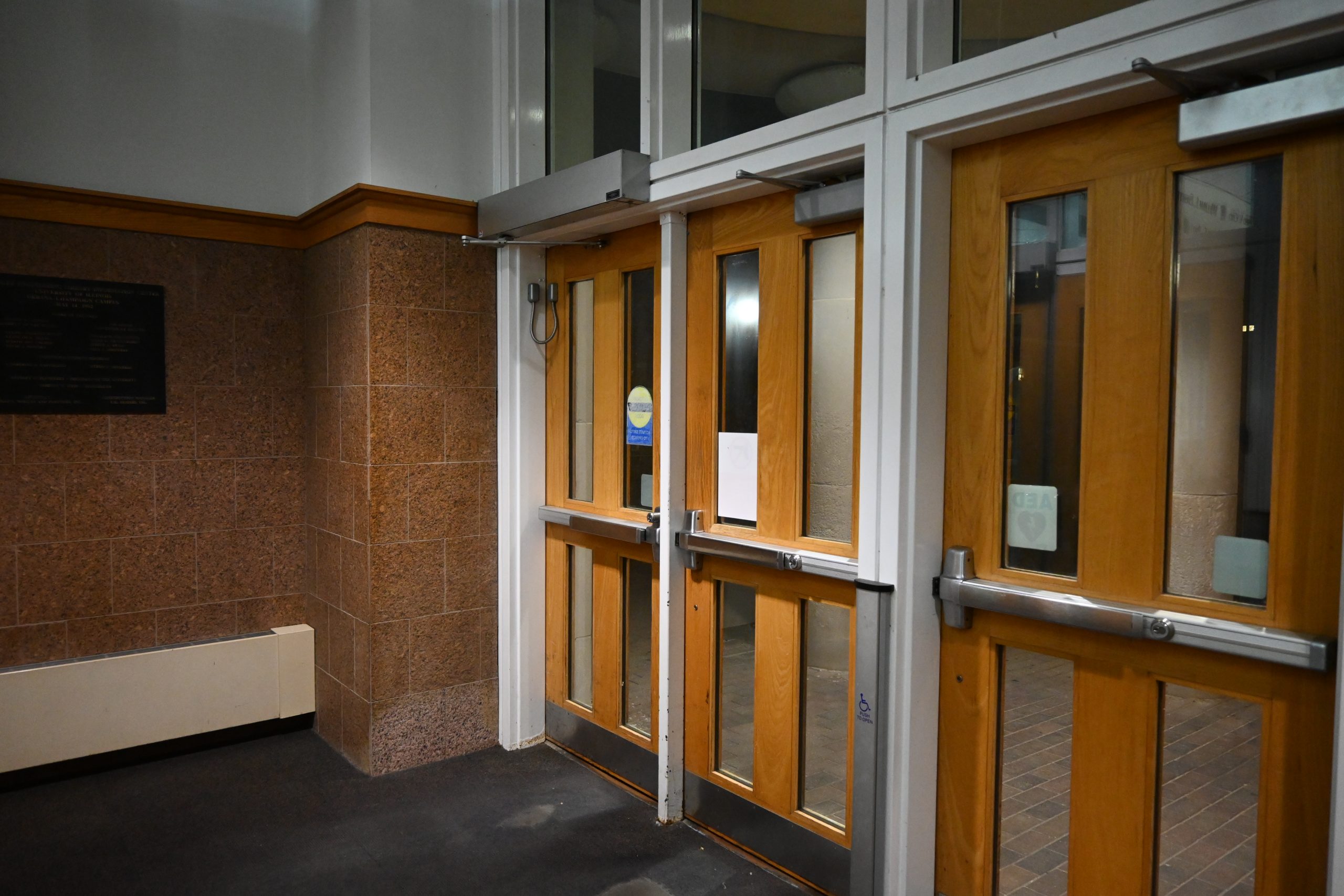 The two accessible doors at the entrance to Grainger Library.