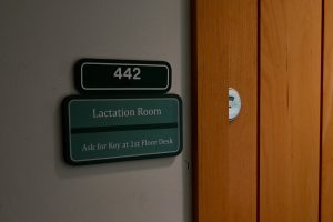 The entrance to the Lactation Space. There is a sign by the door that says: 442: Lactation Room: Ask for key at 1st floor desk