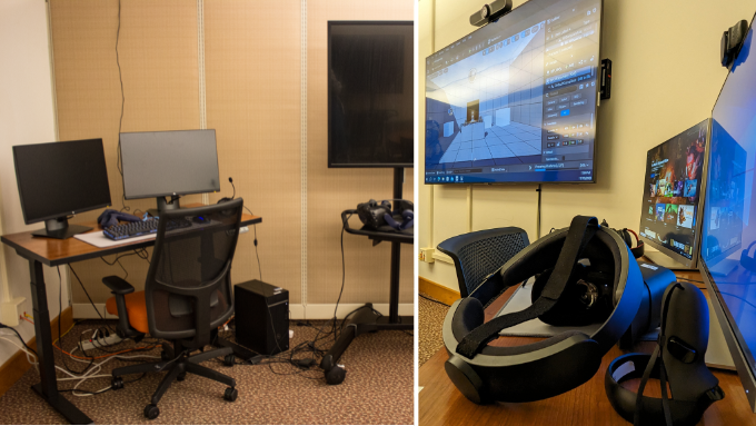 Two images combined, on the left is a dual monitor workstation with a VR headset, and on the right is a close-up of a headset with multiple monitors displaying a coding program.