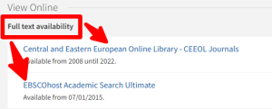Screenshot of Library Catalog user interface. Page section is titled "View online. Full text availability.