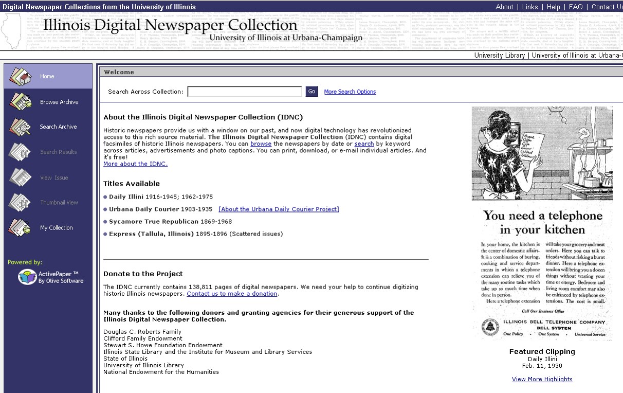 Original Interface for the Illinois Digital Newspaper Collection