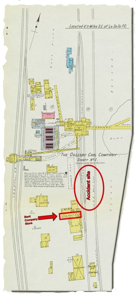 Sanborn Fire Insurance map showing the Oglesby Bent Coal Mine and accident site.