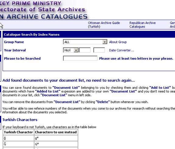 Screenshot illustrating search by index name in Katalog Tarama
