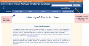 Image of main page of the University of Illinois Archives database