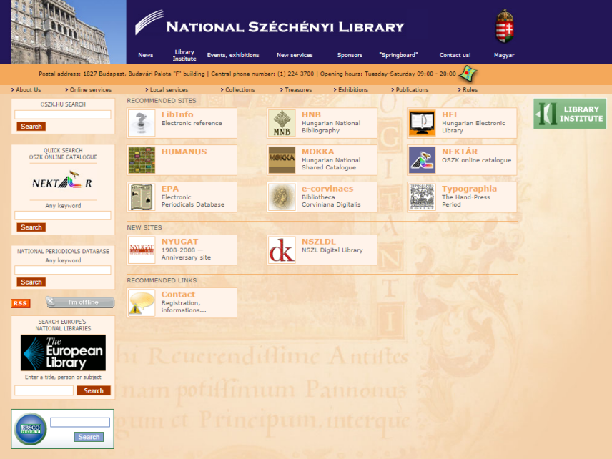 Screenshot of Hungarian National Library English language interface