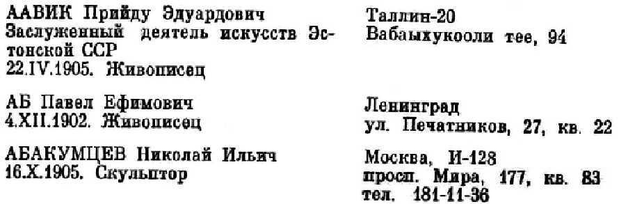 A sample entry for Spravochnik Chlenov i Kandidatov v chleny Souiza khudozhnikov SSSR po sostoianiiu na 1 iiunia 1967 goda.