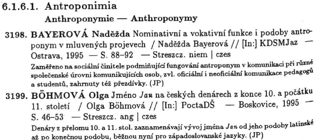 The citations that appear in the 1995 volume under Czech Anthroponymy.