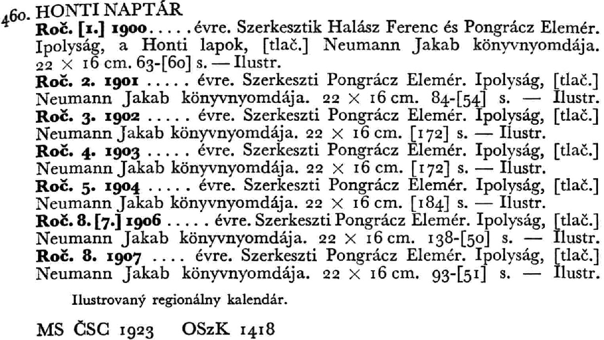 A Hungarian calendar entitled "Honti Naptar".