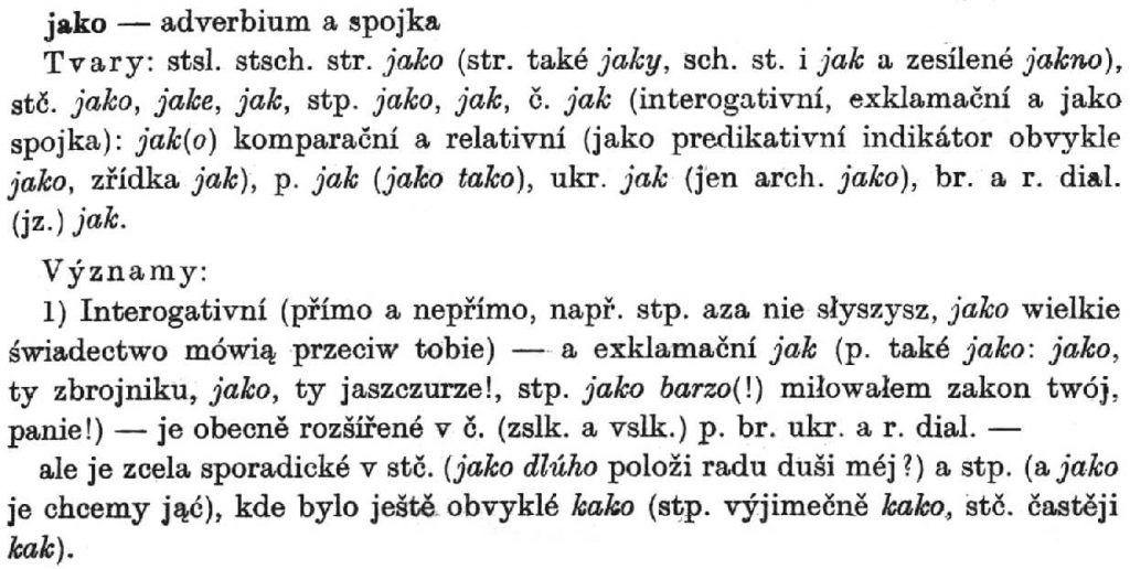 The beginning of the 5-page entry on the adverb "jako".