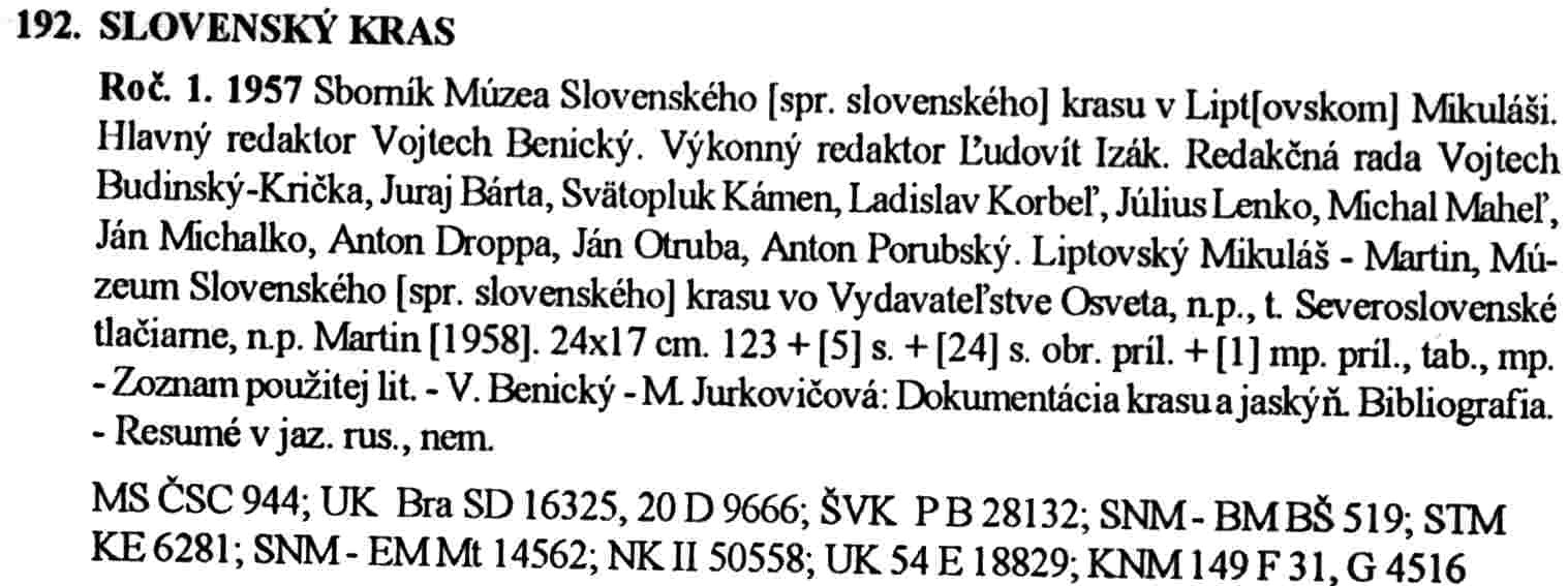 Entry which shows the data for the first volume of "Slovensky kras".